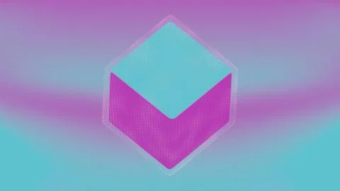 The cube, with its holographic texture, appears to float and rotate, showcasi Stock Illustration