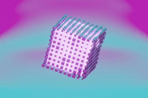 The cube, with its holographic texture, appears to float and rotate, showcasi 库存插图