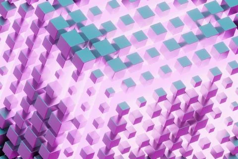 The cube, with its holographic texture, appears to float and rotate, showcasi 库存插图