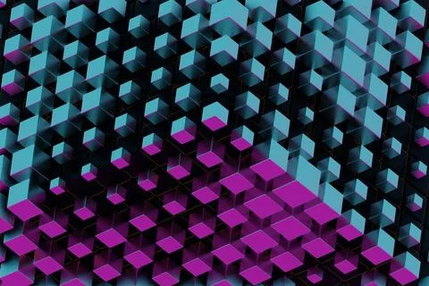 The cube, with its holographic texture, appears to float and rotate, showcasi Stock Illustration