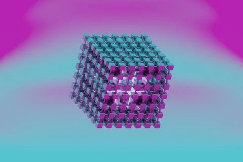 The cube, with its holographic texture, appears to float and rotate, showcasi 库存插图