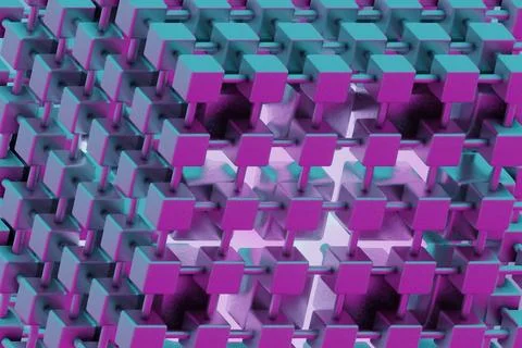 The cube, with its holographic texture, appears to float and rotate, showcasi 库存插图
