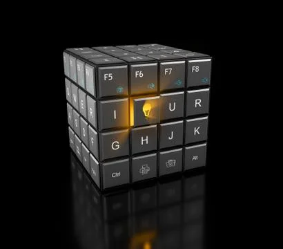Cube with keyboard buttons and rays from bulb button, 3d illustration Stock Illustration