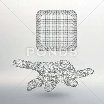 Cube of lines and dots on the arm. The hand holding cube of the lines connect Stock Illustration