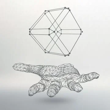 Cube of lines and dots on the arm. The hand holding cube of the lines connect Stock-Illustration
