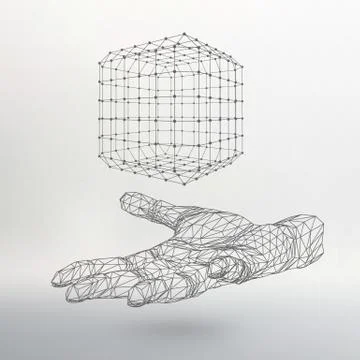 Cube of lines and dots on the arm. The hand holding a cube of the lines conne Illustrazione stock