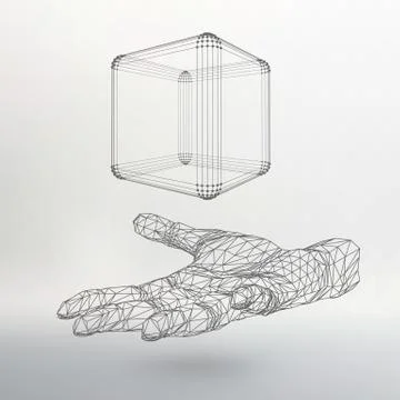 Cube of lines and dots on the arm. The hand holding a cube of the lines conne Stock Illustration