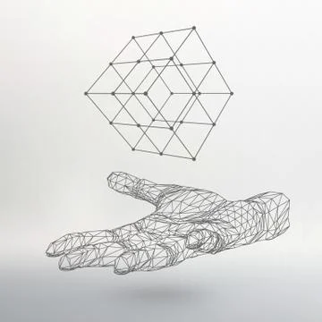 Cube of lines and dots on the arm. The hand holding cube of the lines connect Illustrazione stock
