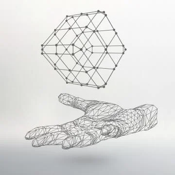 Cube of lines and dots on the arm. The hand holding cube of the lines connect Illustrazione stock