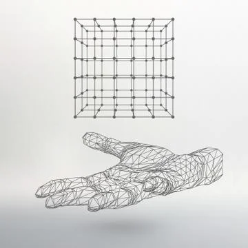 Cube of lines and dots on the arm. The hand holding cube of the lines connect Stock-Illustration