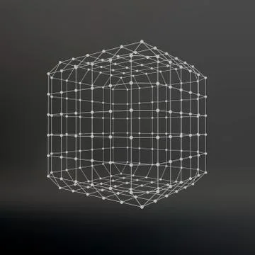 Cube of lines and dots. Cube of the lines connected to points. Molecular latt Stock Illustration