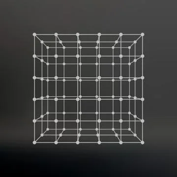 Cube of lines and dots. Cube of the lines connected to points. Molecular latt 스톡 일러스트