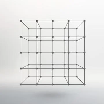 Cube of lines and dots. Cube of the lines connected to points. Molecular latt 스톡 일러스트