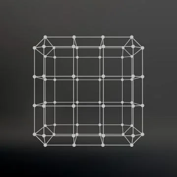 Cube of lines and dots. Cube of the lines connected to points. Molecular latt イラスト素材