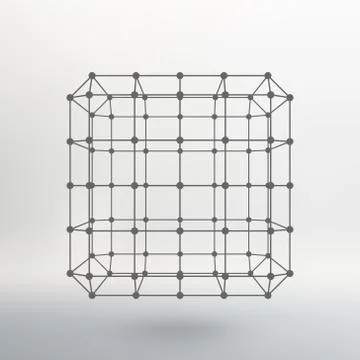 Cube of lines and dots. Cube of the lines connected to points. Molecular latt イラスト素材