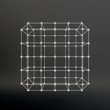 Cube of lines and dots. Cube of the lines connected to points. Molecular latt イラスト素材
