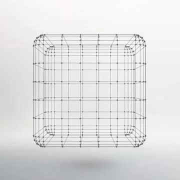 Cube of lines and dots. Cube of the lines connected to points. Molecular latt 스톡 일러스트