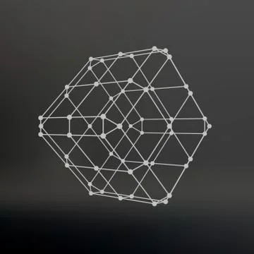 Cube of lines and dots. Cube of the lines connected to points. Molecular latt 스톡 일러스트