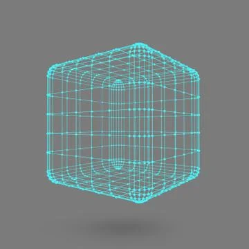 Cube of lines and dots. Cube of the lines connected to points. Molecular latt 스톡 일러스트