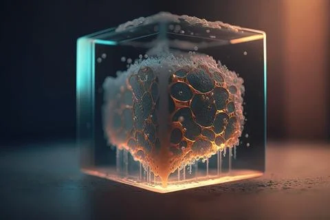 A cube with a liquid inside of it on a table with a black background and a .. Illustrazione stock