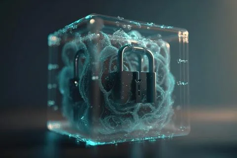 A cube with a lock on it and a chain attached to it with a lock octane rend.. Illustrazione stock