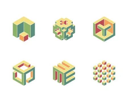 Cube logo, geometric vector design. Set box logotype company, trendy techno.. Stock Illustration