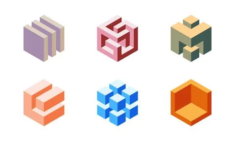 Cube logo, geometric vector design. Set box logotype company, trendy techno.. Stock Illustration