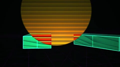Cube Moving on Retro Synthwave Grid with Neon Laser Line and Colorful Sun B.. Stock-Footage 343693523