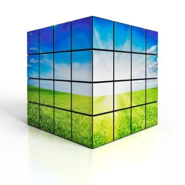 Cube with nature landscape on white background Stock-Illustration