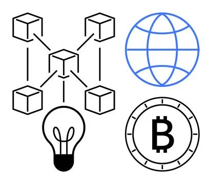 Cube network illustrating blockchain concept, globe icon for global reach, li Stock Illustration