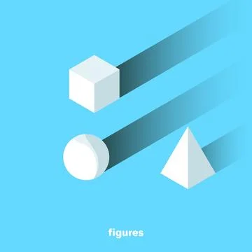 Cube next to the sphere and pyramid on a blue background with long shadows, i Stock Illustration
