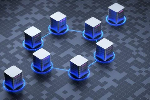 Cube or box Block chain of abstract financial data. Synchronization of person Stock Illustration