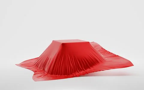 Cube or box covered falling red silk fabric on white background. Secret gift Stock Illustration