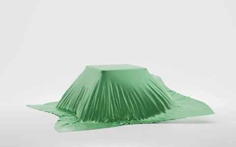 Cube or box covered falling green silk fabric on white background. Secret gift Illustrazione stock