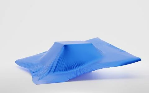 Cube or box covered flying blue silk fabric on white background. Secret gift Illustrazione stock