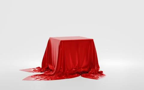 Cube or box covered with red silk cloth isolated on white background. Secret Stock Illustration
