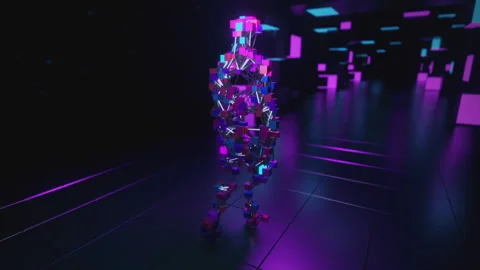 Cube particle man walking in 3d space VJ loop Stock Footage 234250157