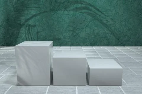 Cube platform with plant shadows on the green wall, 3d rendering. Stock Illustration