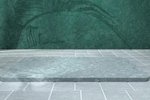 Cube platform with plant shadows on the green wall, 3d rendering. Stock Illustration