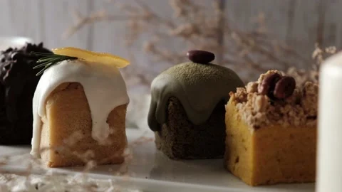 Cube pound cake set on table. Stock Footage 153483116