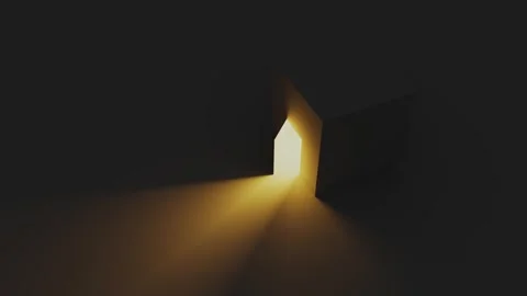 Cube room door opens revealing light illuminating dark space Stock Footage 314486417