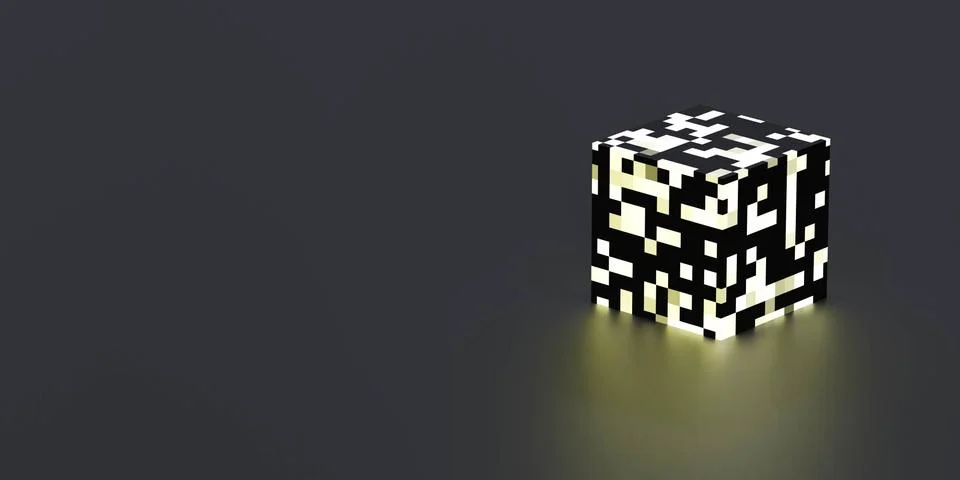 Cube shape on dark background with pixelated glowing surface 3d render Illustrazione stock