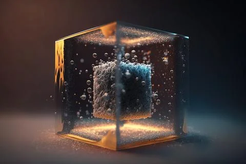 A cube shaped object with bubbles and a light in it's center on a dark back.. 스톡 일러스트