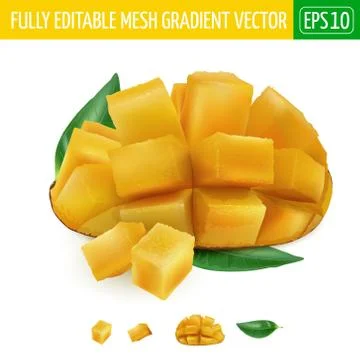 Cube sliced fresh mango with green leaves. Stock Illustration