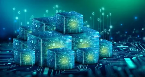 Cube technology with Abstract blue background. Blockchain Network System. 3.. Stock Illustration