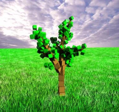 Cube tree on grass with sky background Stock Illustration