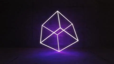 Cube wireframe concept illuminated by neon light in concrete wall and floor r Stock Illustration