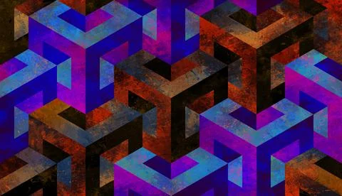 Cubes. 3D pattern. Multicolor brushstrokes in painted illustration. Watercolor. Stock Illustration