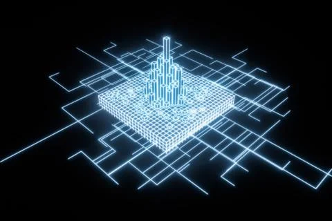 Cubes and lines with dark background, 3d rendering. 스톡 일러스트