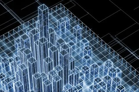 Cubes and lines with dark background, 3d rendering. Illustrazione stock